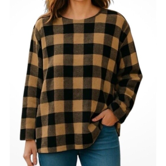 J. Jill Women's Knit Sweater Tan Black 2X Long Sleeve Plaid Cotton Blend - Picture 1 of 10